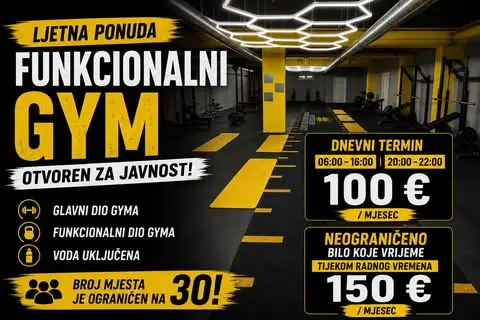 Saiyan Gym — ljetna ponuda Funkcionalni Gym, dnevni termin 100 €/mjesec ili neograničeno 150 €/mjesec