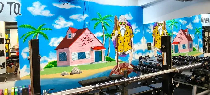 Saiyan Gym unutrašnjost — zidni mural Kame House s Majstorom Roshijem iznad stalka s bučicama