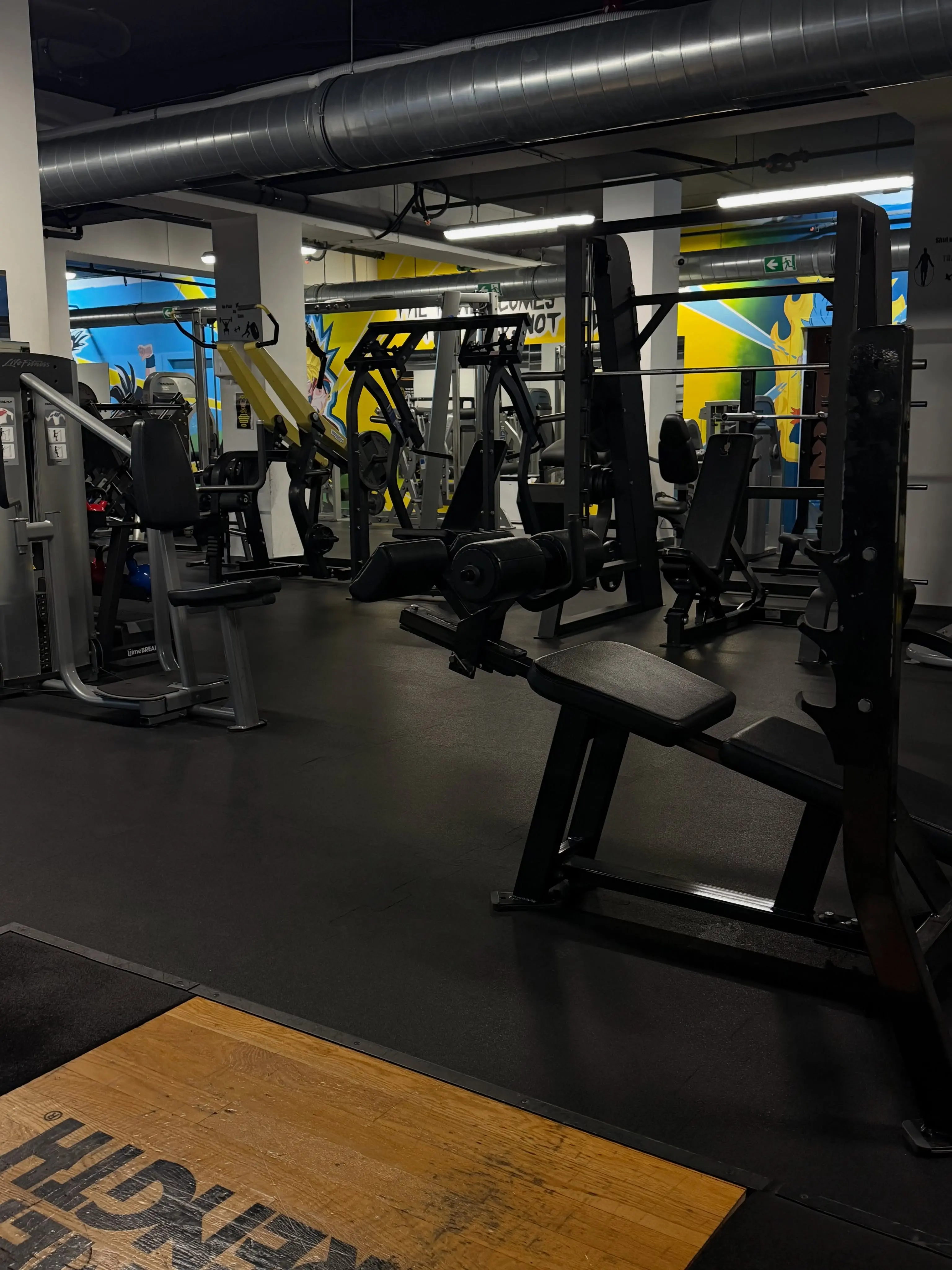 Saiyan Gym — red crnih sprava i klupa za trening snage sa stripovnim muralom